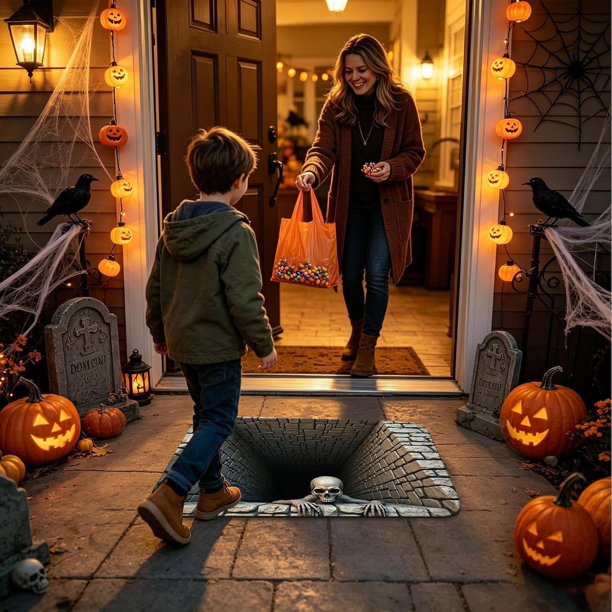 Halloween 3D illusion floor mat at decorated front entrance