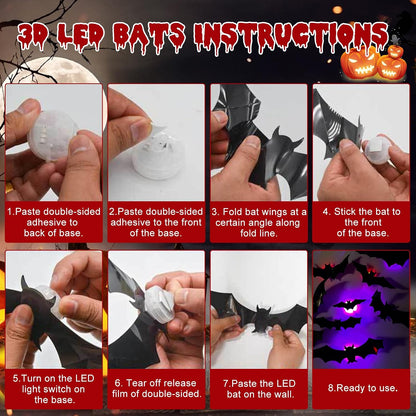 3D Bat Light LED Decorations, Halloween Spooky Ornaments, Bendable Wall Stickers🦇
