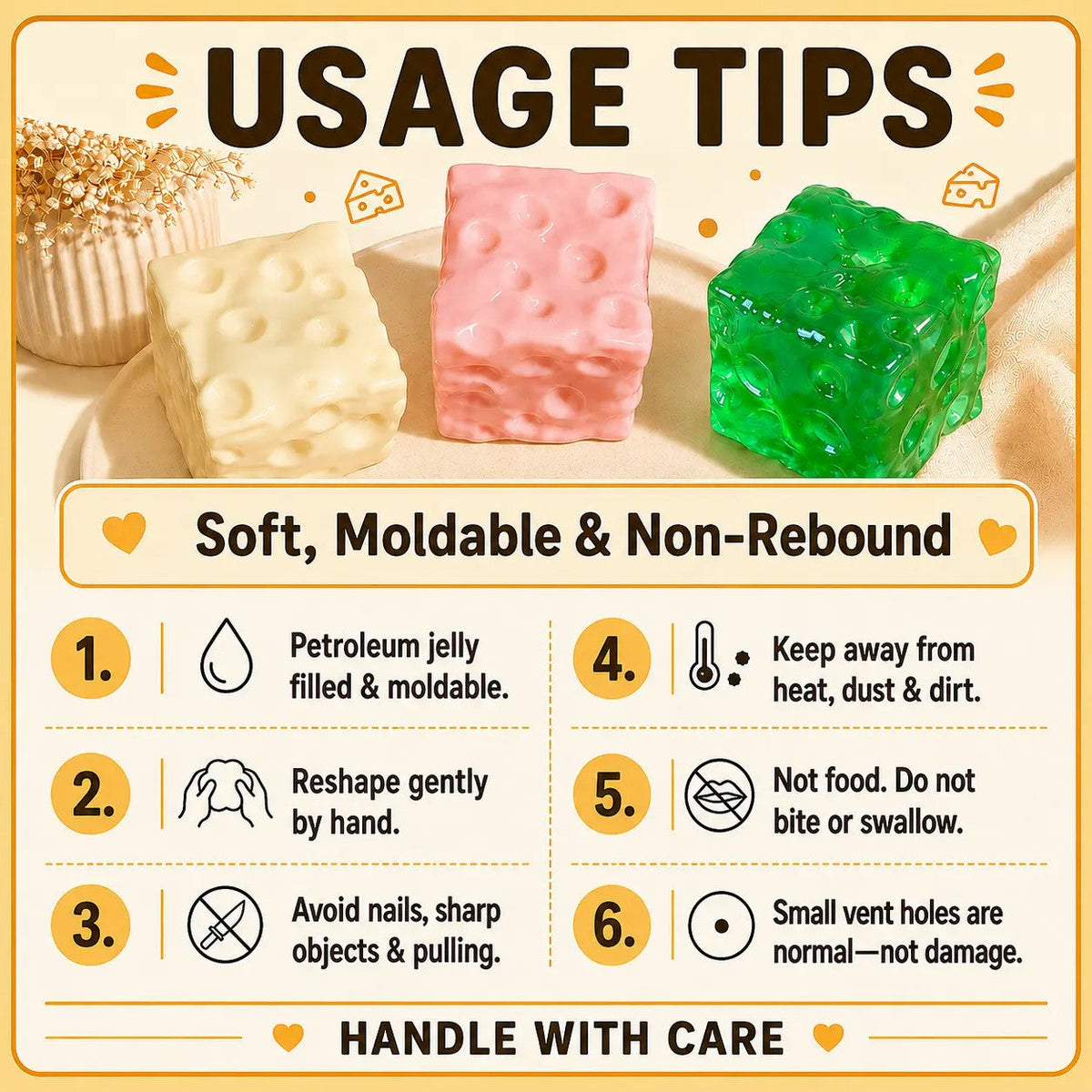 Cheese Cube Squishy Toy - Soft Moldable Petroleum Jelly-Filled Squeeze Ball🧀