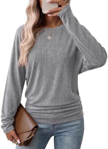 Womens Long Sleeve Shirts Ruched Hem Fall Tops Lightweight Sweaters ✨