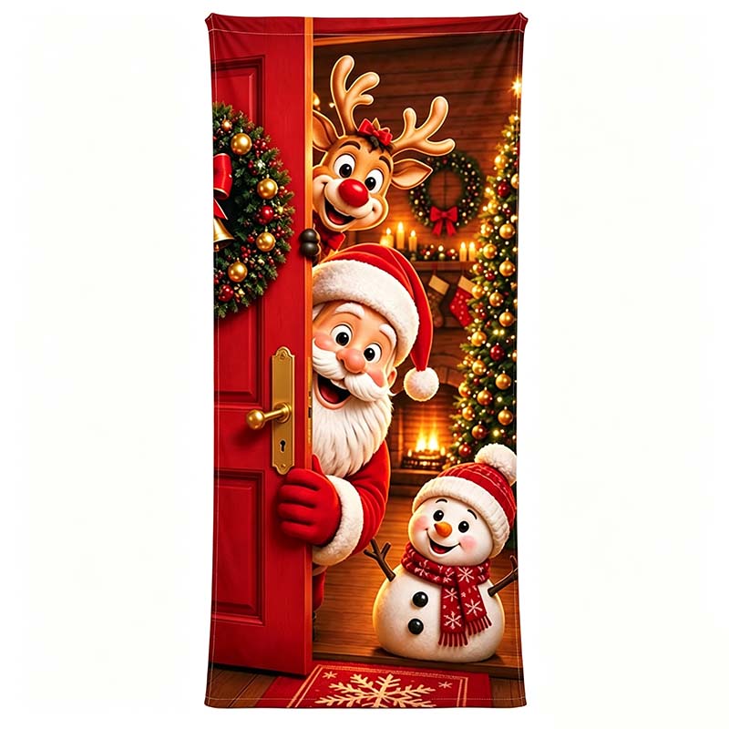 Christmas Door Cover - Stretch Fit Santa & Reindeer Door Decoration with 4-Side Elastic Edges🎅