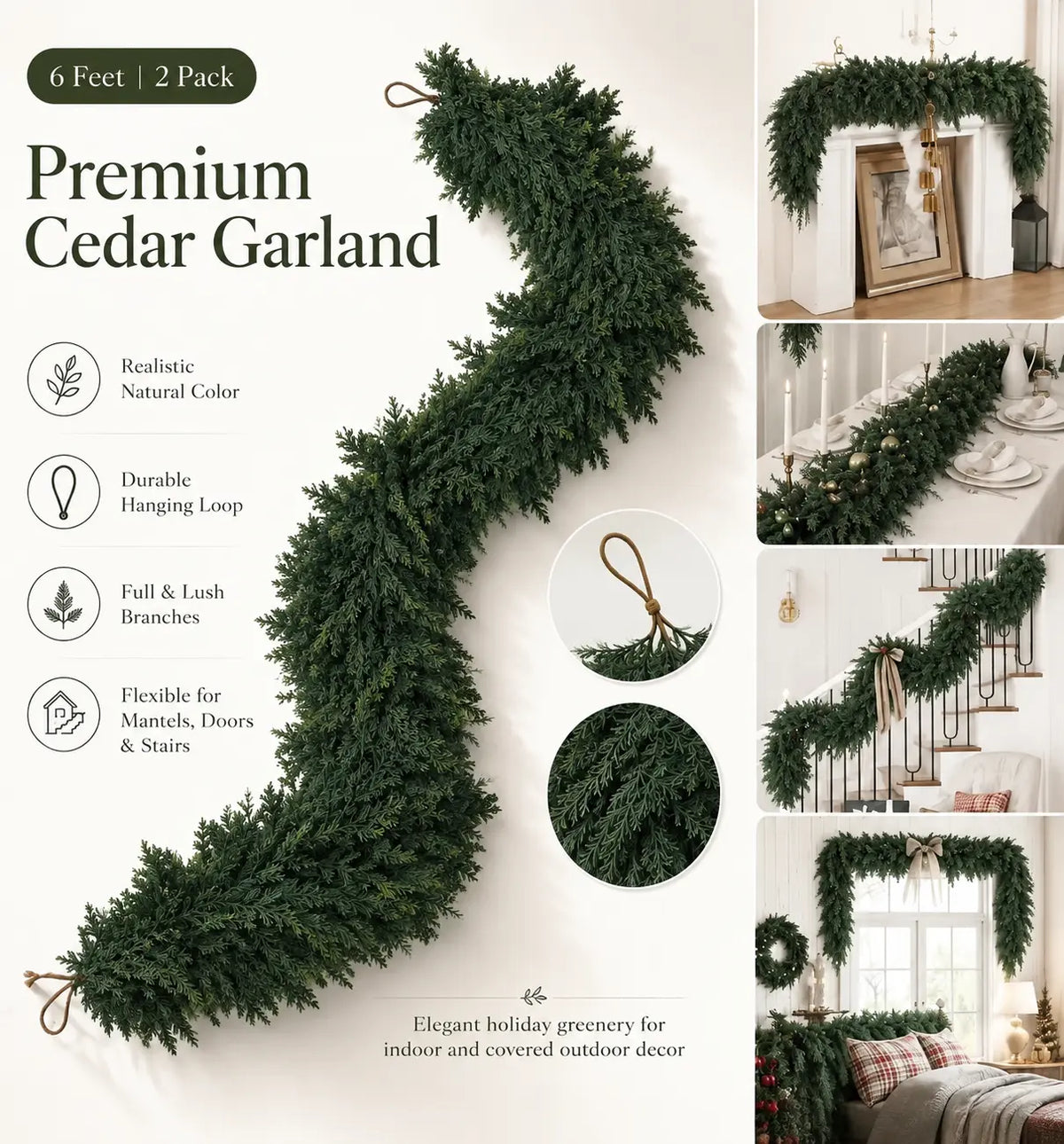 6 FT 2 Pcs Artificial Cedar Garlands, Real Touch Winter Cedar Garland🌲