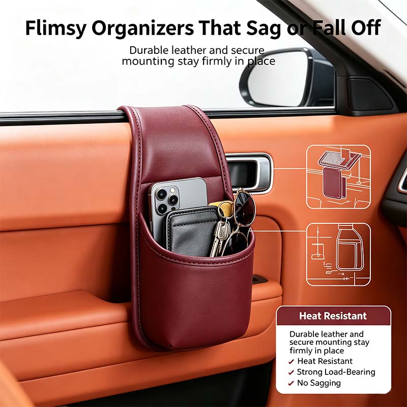 Leather car door storage pocket - double-layer compartments, scratch-proof flannel lining💼