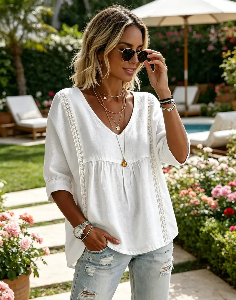 Women's Chic Loose-Fit V-Neck Lace Blouse, 3/4-Length Puff Sleeves