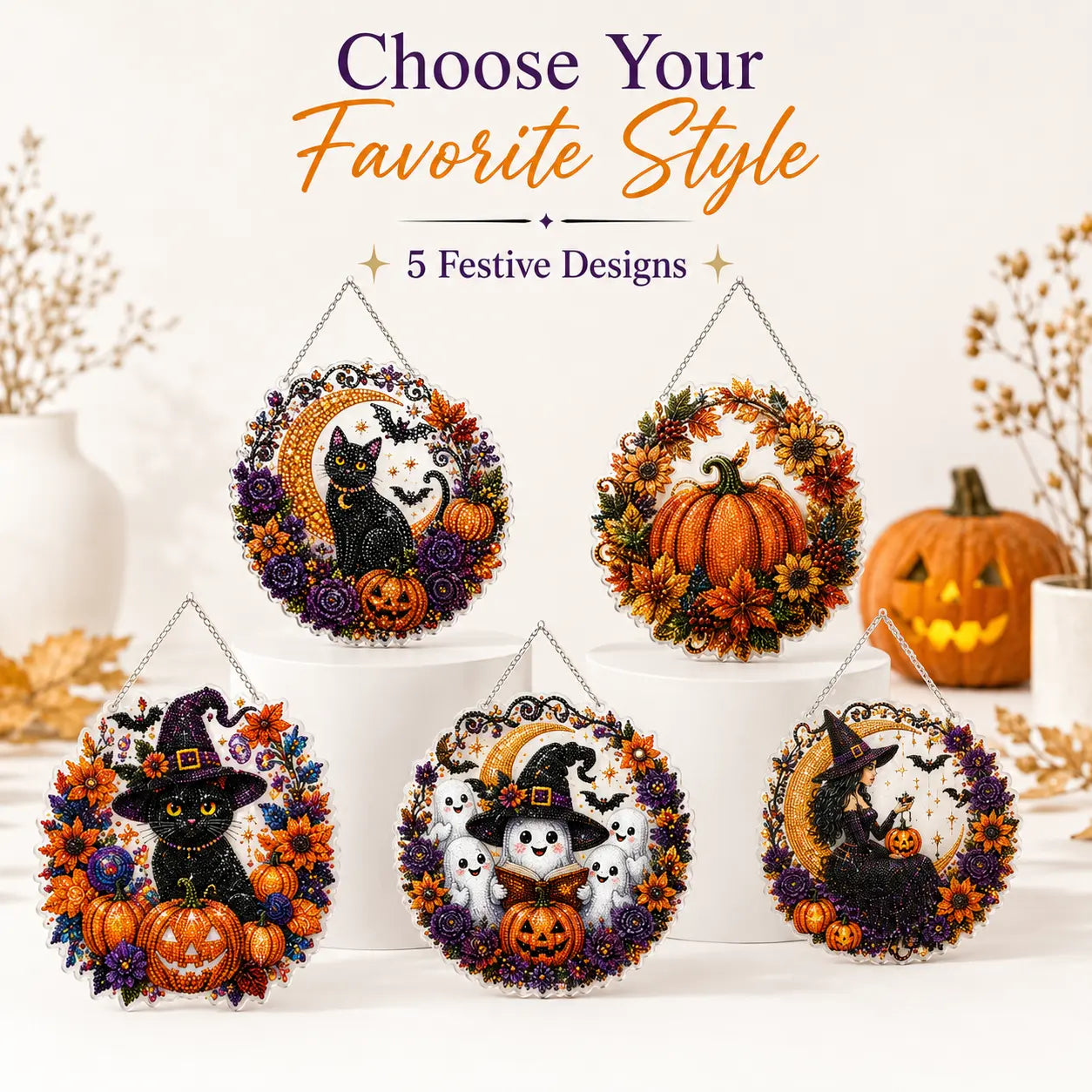 Halloween Diamond Painting Hanging Ornament Kit, Black Cat Moon🎃