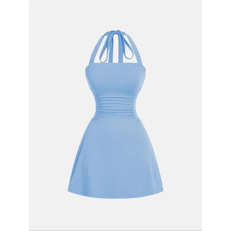 Women's Plain Ruched Tie Back Halter Neck Dress💃