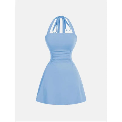 Women's Plain Ruched Tie Back Halter Neck Dress💃