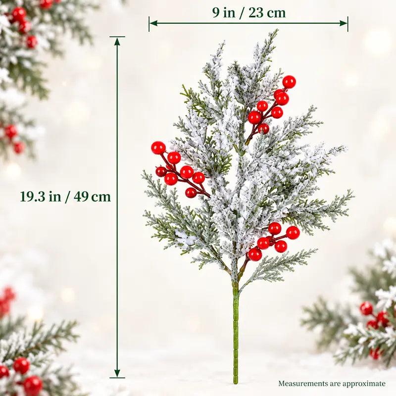 6 Pcs Artificial Frosted Christmas Pine-Cedar Stems with Red Berries, Snowy Evergreen Picks 💐
