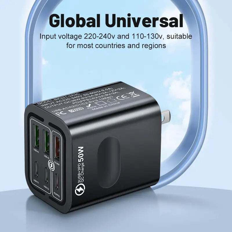 Portable Multi-Port Charging Station, 50W, with 6 USB-C and USB-A Ports