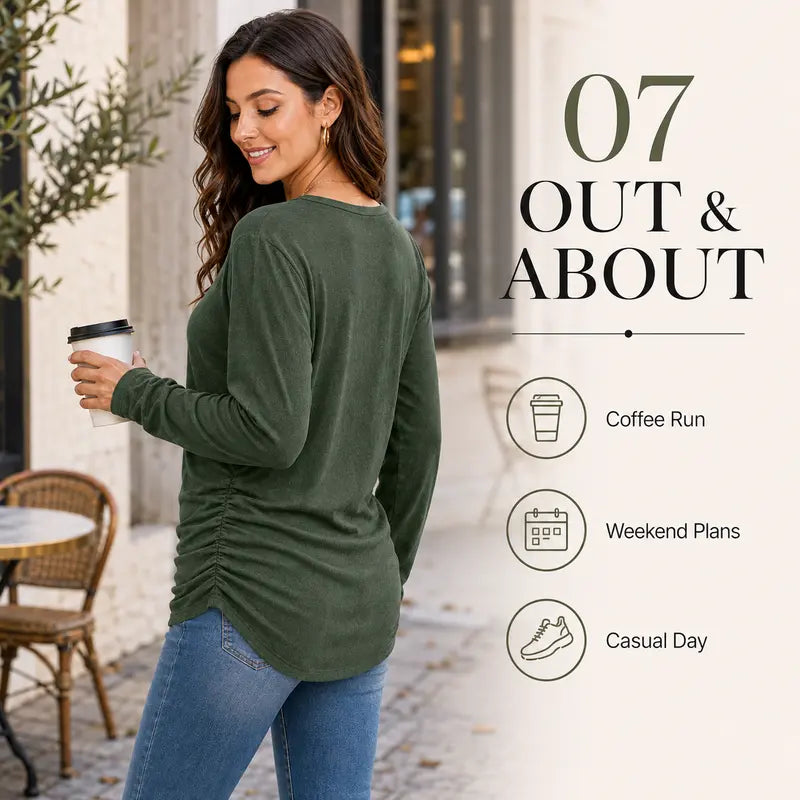 Womens Long Sleeve Shirts Ruched Hem Fall Tops Lightweight Sweaters ✨
