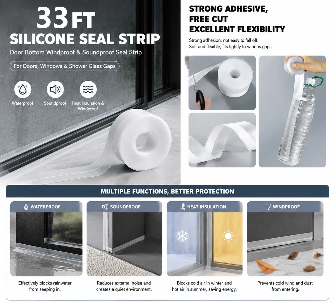Silicone Seal Weather Stripping Tape 16.5 Feet Strip Bottom Draft Insulation Stopper Tape Weatherproof🏡