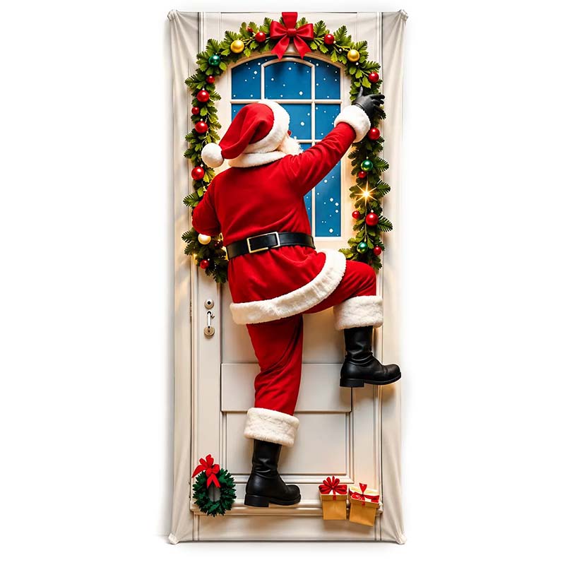 Christmas Door Cover - Stretch Fit Santa & Reindeer Door Decoration with 4-Side Elastic Edges🎅