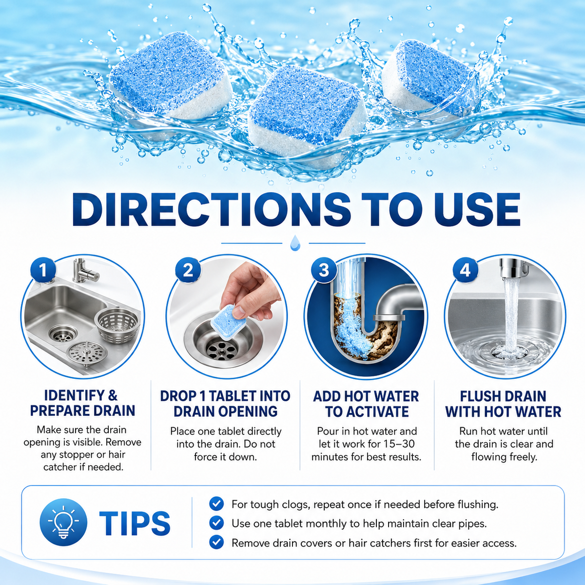 🧽Drain Cleaning Tablets 12 Pack For Sinks, Showers & Washing Machines