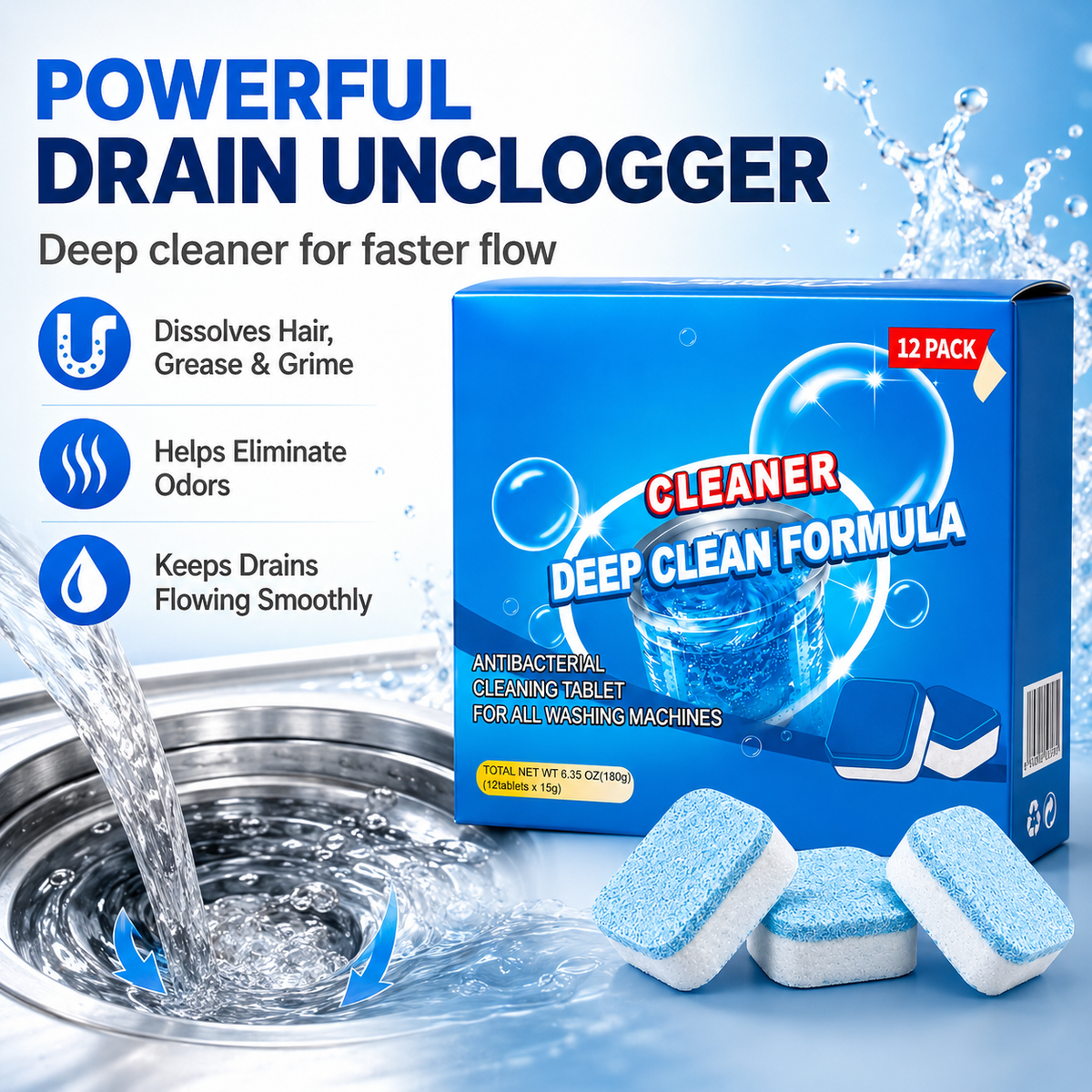 🧽Drain Cleaning Tablets 12 Pack For Sinks, Showers & Washing Machines