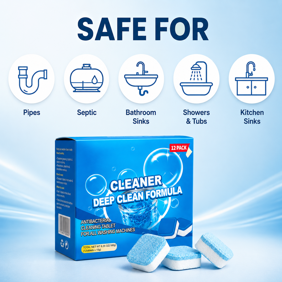 🧽Drain Cleaning Tablets 12 Pack For Sinks, Showers & Washing Machines