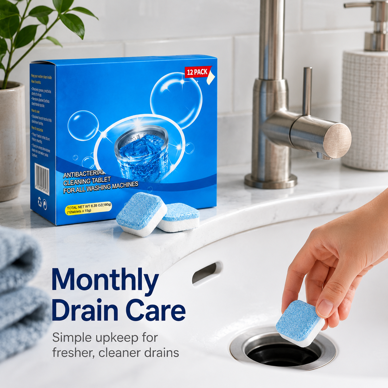 🧽Drain Cleaning Tablets 12 Pack For Sinks, Showers & Washing Machines