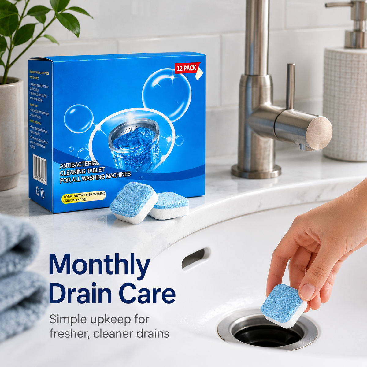 🧽Drain Cleaning Tablets 12 Pack For Sinks, Showers & Washing Machines