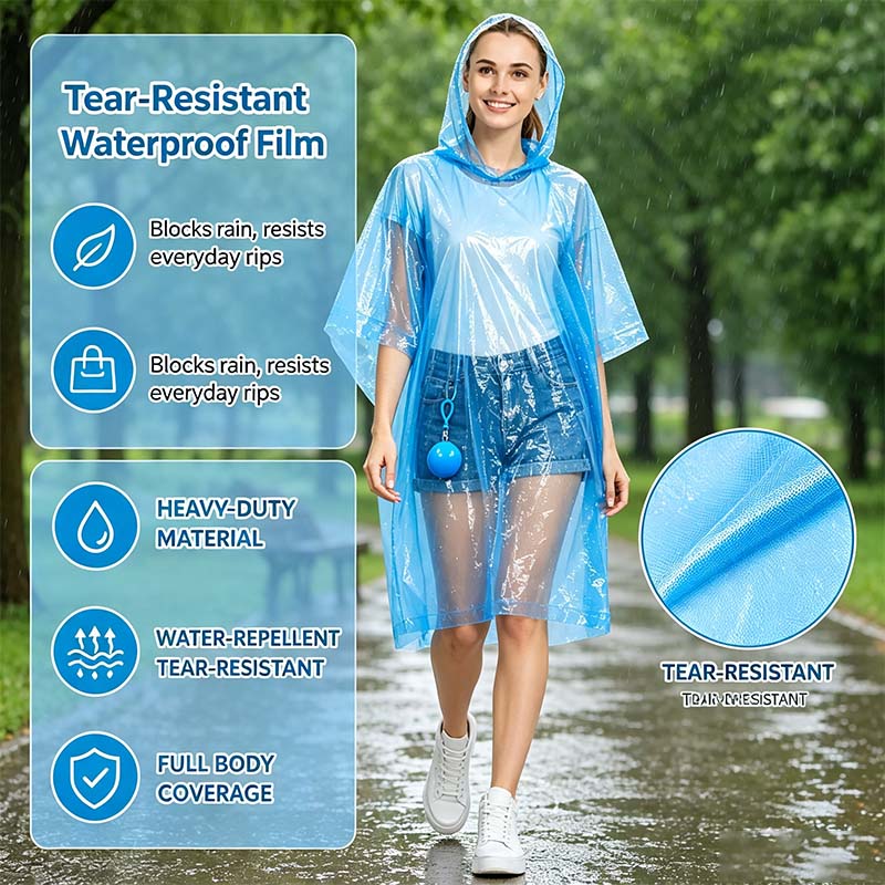 Hooded Disposable Rain Poncho-Random Color, Waterproof Tear-Resistant Portable Raincoat with Keychain Ball🌧️ ☔