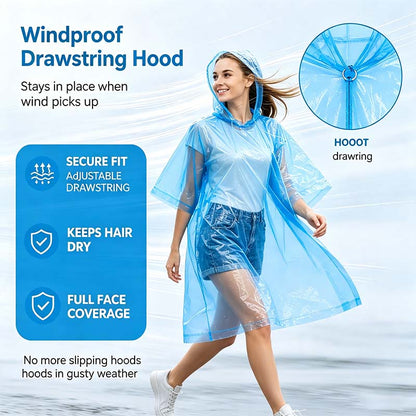 Hooded Disposable Rain Poncho-Random Color, Waterproof Tear-Resistant Portable Raincoat with Keychain Ball🌧️ ☔