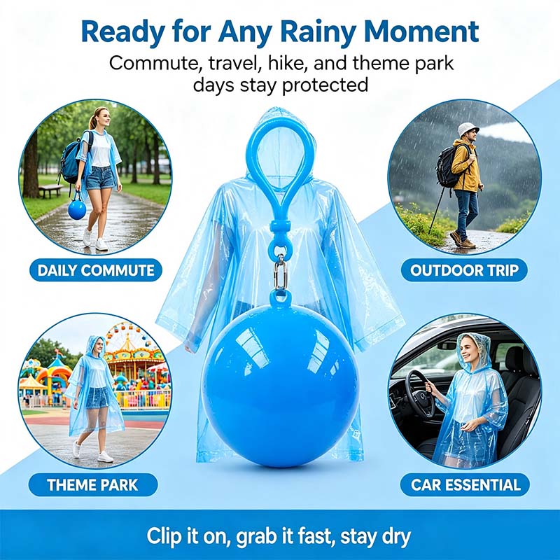 Hooded Disposable Rain Poncho-Random Color, Waterproof Tear-Resistant Portable Raincoat with Keychain Ball🌧️ ☔