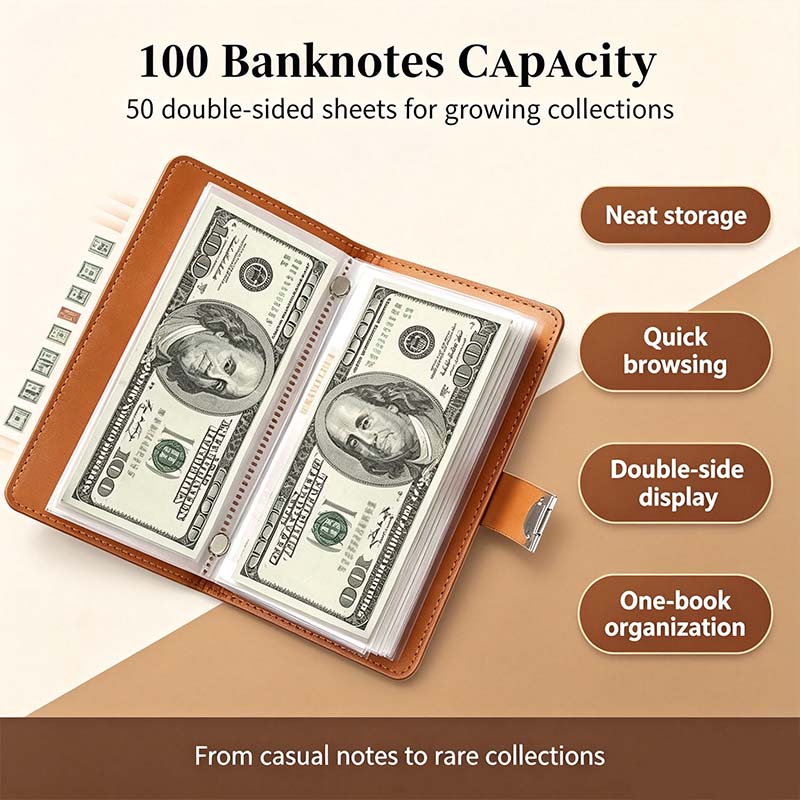 Transparent-Pocket Currency Collectors Album, Top-Grade PU Leather, Password Lock💵