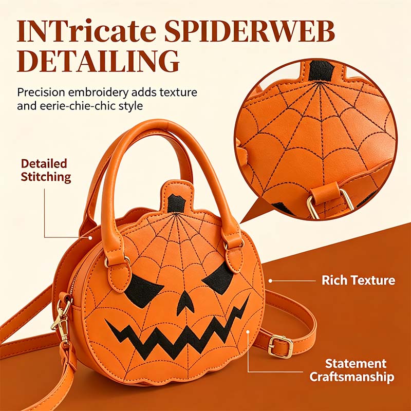 Spooky Jack-O-Lantern Pumpkin Crossbody Bag Novelty Spiderweb Stitching Handbag🎃