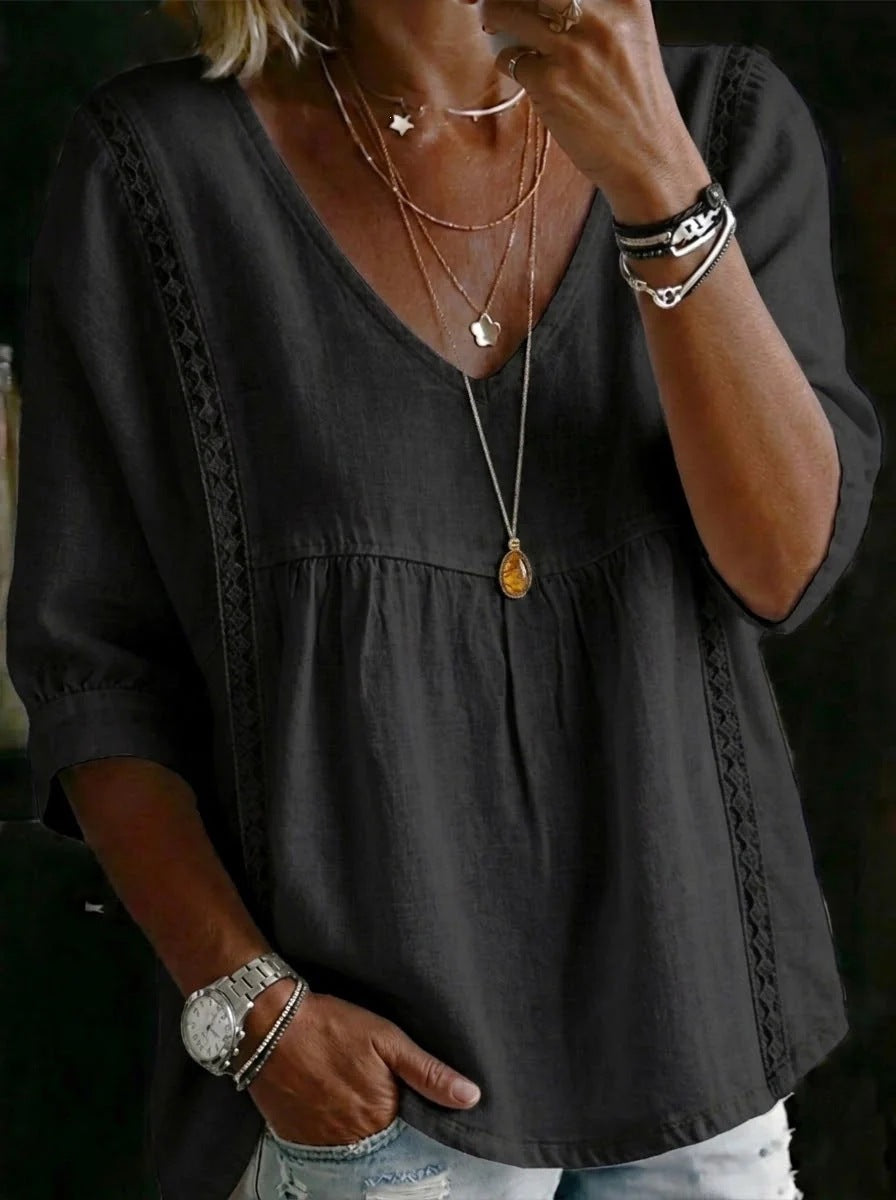 Women's Chic Loose-Fit V-Neck Lace Blouse, 3/4-Length Puff Sleeves