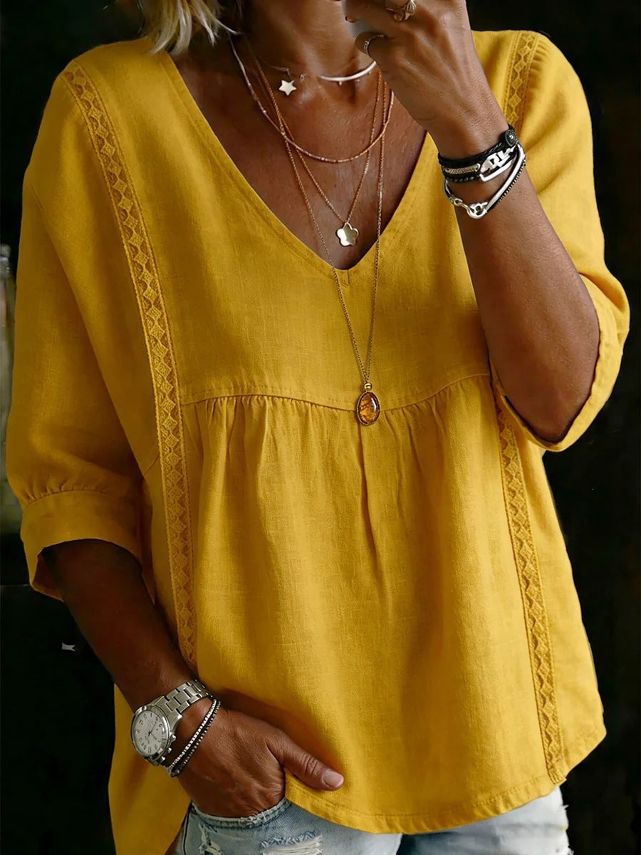 Women's Chic Loose-Fit V-Neck Lace Blouse, 3/4-Length Puff Sleeves