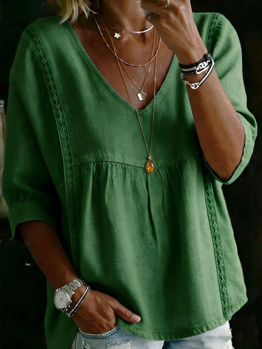 Women's Chic Loose-Fit V-Neck Lace Blouse, 3/4-Length Puff Sleeves