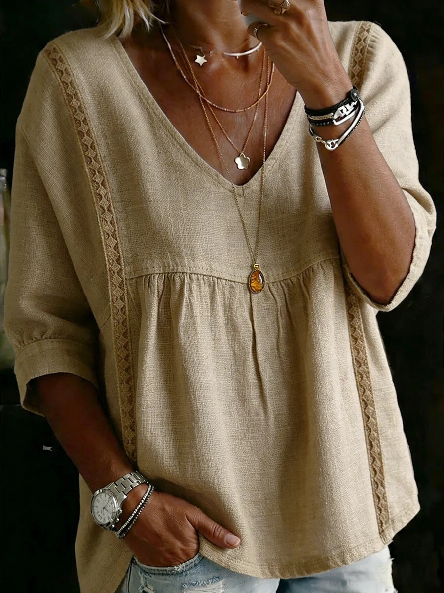 Women's Chic Loose-Fit V-Neck Lace Blouse, 3/4-Length Puff Sleeves