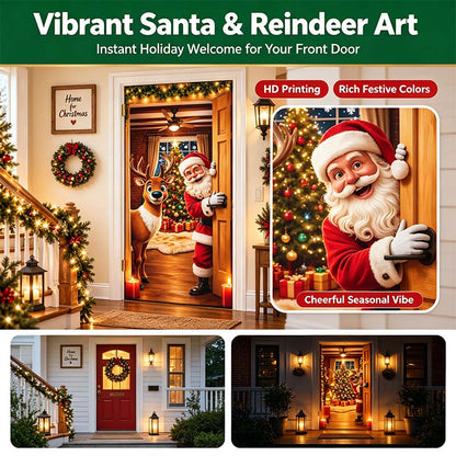 Christmas Door Cover - Stretch Fit Santa & Reindeer Door Decoration with 4-Side Elastic Edges🎅