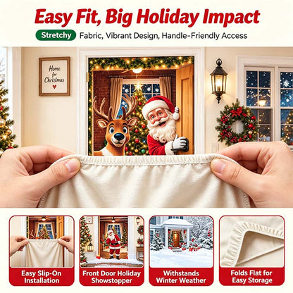 Christmas Door Cover - Stretch Fit Santa & Reindeer Door Decoration with 4-Side Elastic Edges🎅