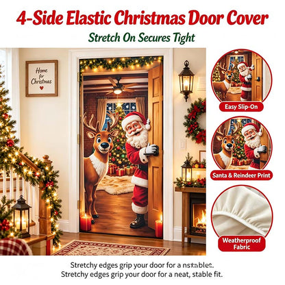 Christmas Door Cover - Stretch Fit Santa & Reindeer Door Decoration with 4-Side Elastic Edges🎅