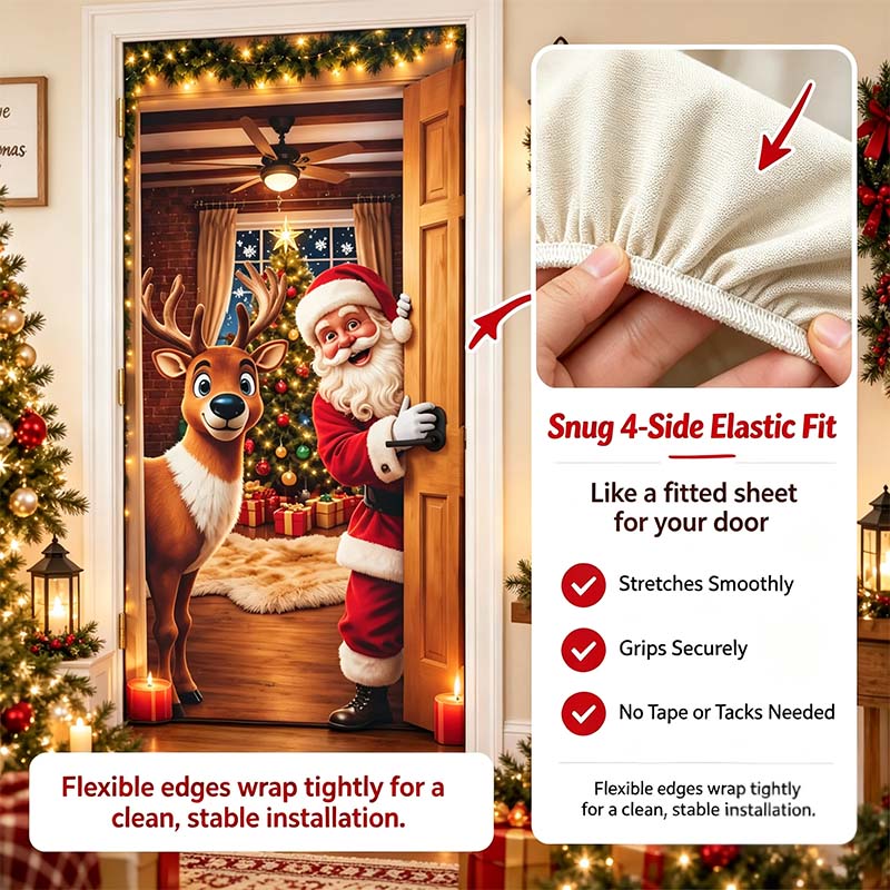 Christmas Door Cover - Stretch Fit Santa & Reindeer Door Decoration with 4-Side Elastic Edges🎅