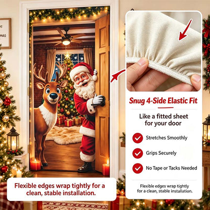 Christmas Door Cover - Stretch Fit Santa & Reindeer Door Decoration with 4-Side Elastic Edges🎅