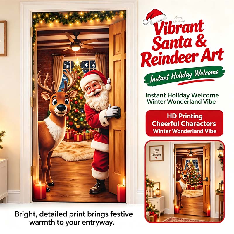 Christmas Door Cover - Stretch Fit Santa & Reindeer Door Decoration with 4-Side Elastic Edges🎅