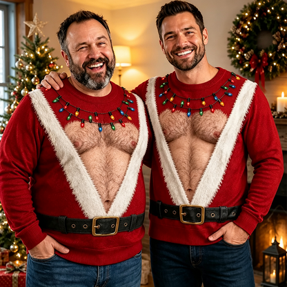Funny Hairy Chest Santa Lights Ugly Christmas Sweater🎅