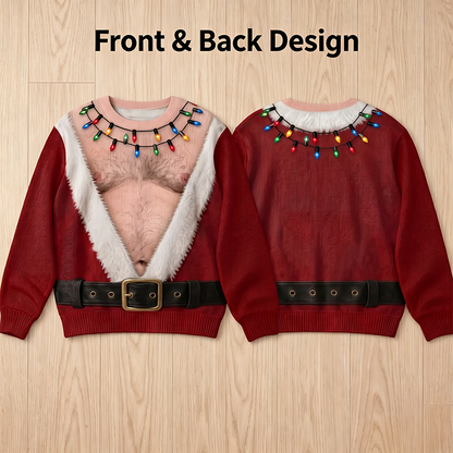 Funny Hairy Chest Santa Lights Ugly Christmas Sweater🎅