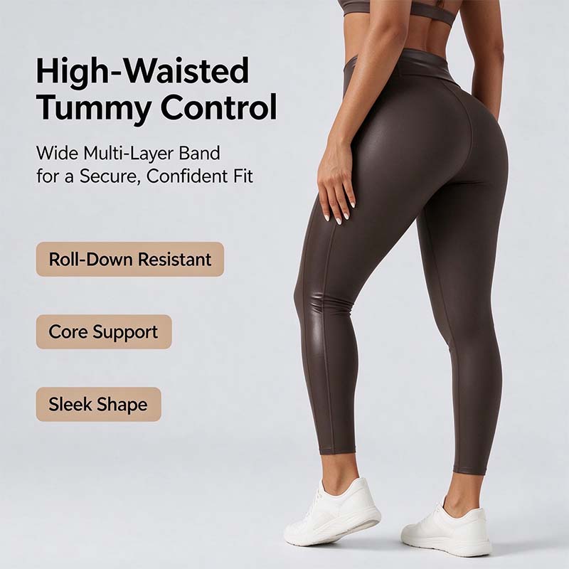 High Waisted Stretchy PU Tummy Control Yoga Leggings with Pocket 🖤✨