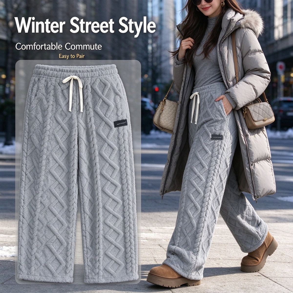 Winter streetwear look showing cable-textured fleece wide-leg pants with a casual jacket