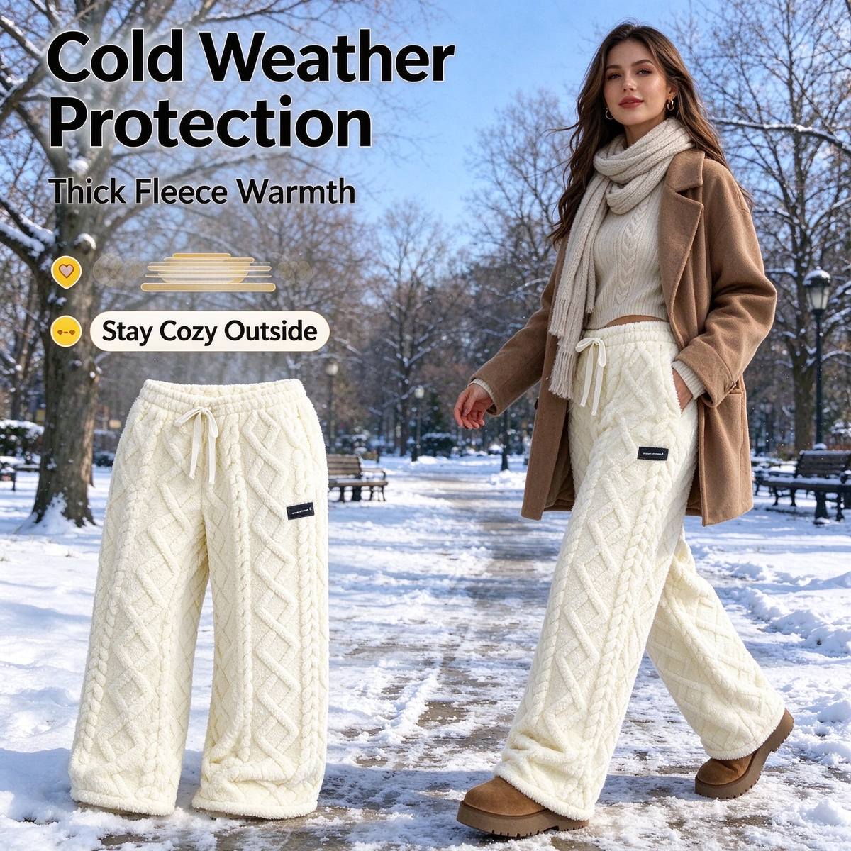 Woman wearing cream textured wide-leg fleece pants with a winter coat and scarf outdoors
