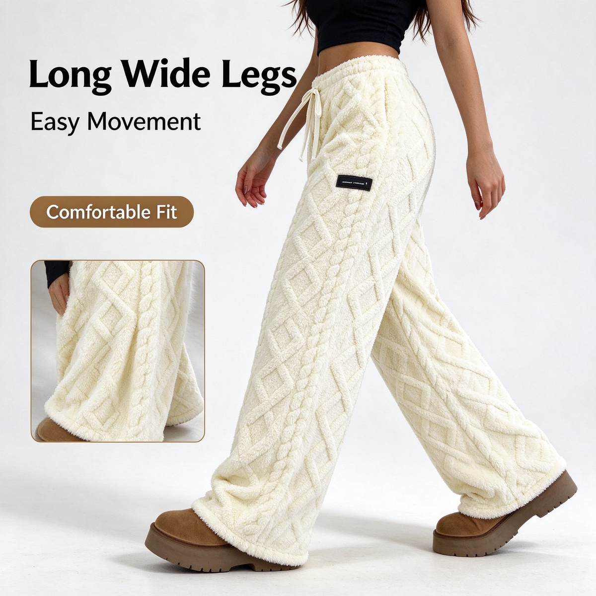 Woman walking in cream plush cable-knit textured wide-leg winter pants