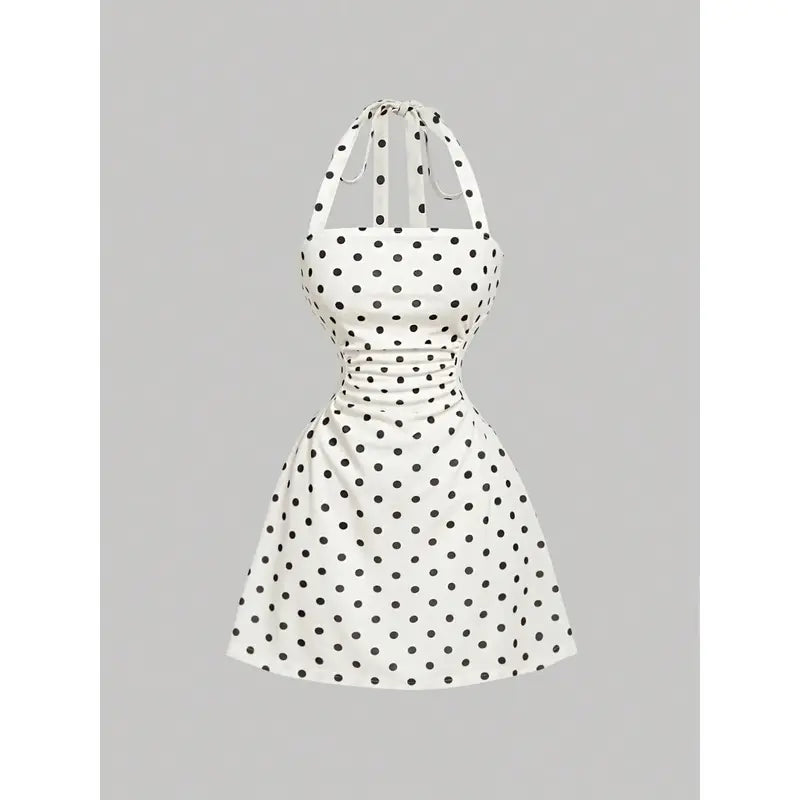 Women's Plain Ruched Tie Back Halter Neck Dress💃