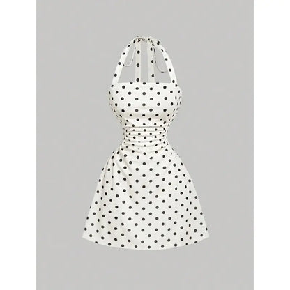 Women's Plain Ruched Tie Back Halter Neck Dress💃