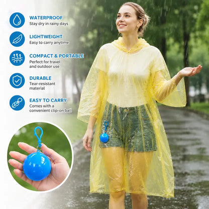 Hooded Disposable Rain Poncho-Random Color, Waterproof Tear-Resistant Portable Raincoat with Keychain Ball🌧️ ☔