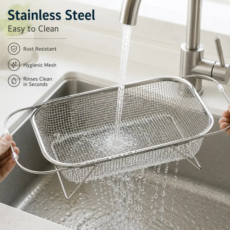 Stainless Steel Over-The-Sink Colander Strainer Basket, Expandable Rectangle Fine Mesh Kitchen Utensils🥣