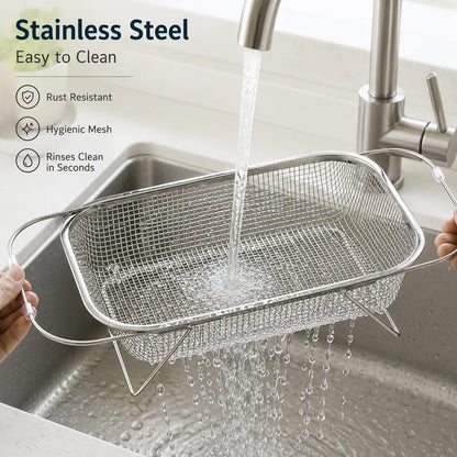 Stainless Steel Over-The-Sink Colander Strainer Basket, Expandable Rectangle Fine Mesh Kitchen Utensils🥣
