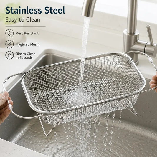 Stainless Steel Over-The-Sink Colander Strainer Basket, Expandable Rectangle Fine Mesh Kitchen Utensils🥣