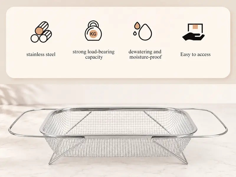 Stainless Steel Over-The-Sink Colander Strainer Basket, Expandable Rectangle Fine Mesh Kitchen Utensils🥣
