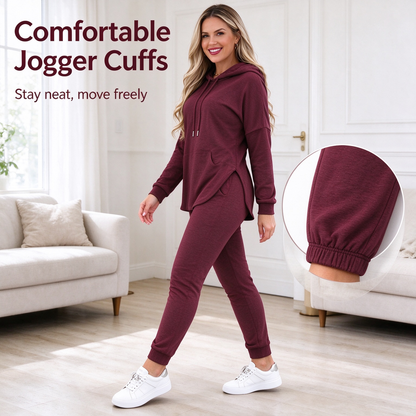 Women's Solid Basic 2-Piece Outfit, Drawstring Hooded Long Sleeve Top & Slim Fit Casual Pants 🧥👖